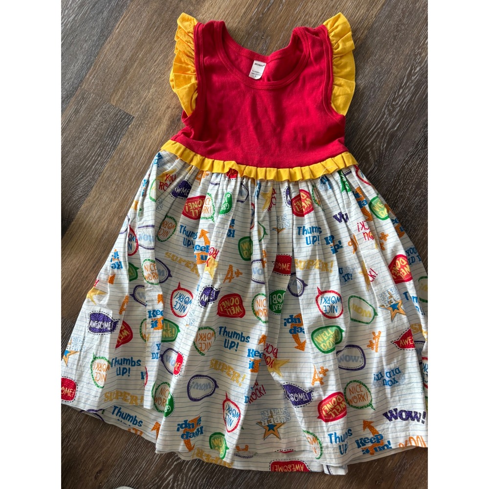 Monag Girls Back to School Teacher Encouragement Dress Red Yellow Cotton Size 6